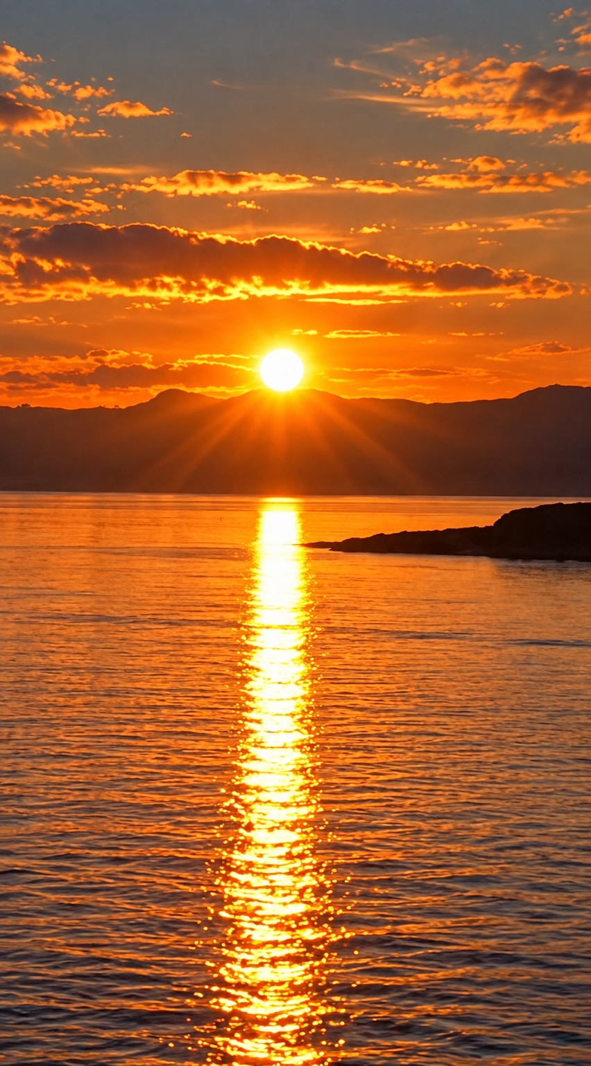 Orange sun near the horizon, reflected across the sea